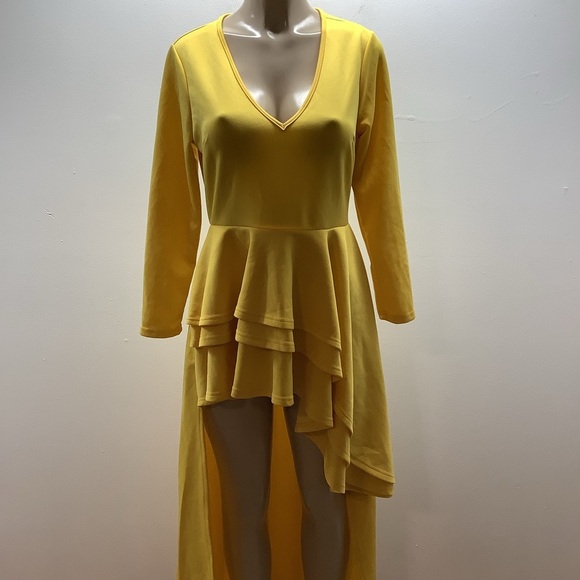Shirt Dress Size Medium Yellow Ruched Blouse Asymmetrical Peplum Long Tunic Top - Picture 2 of 6